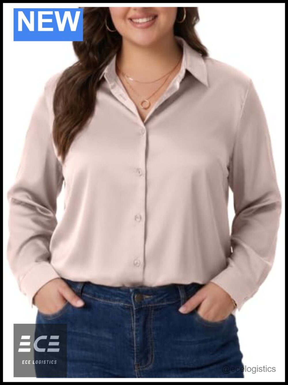 Womens Plus Size Satin Button Down Long Sleeve Blouse